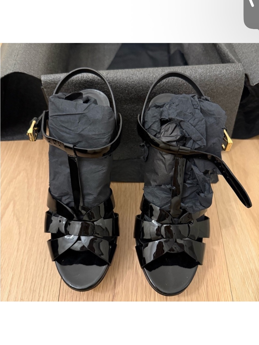 YSL sz 7.5 tribute black patent leather platform sandal